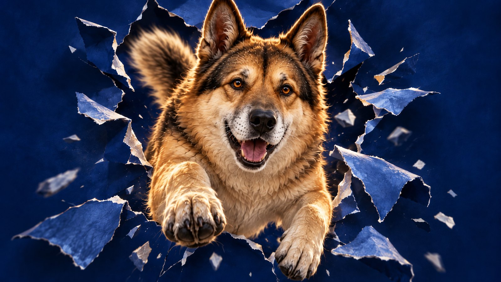 Chief, a grinning German Shepherd, bursting through a wall of blue paper.