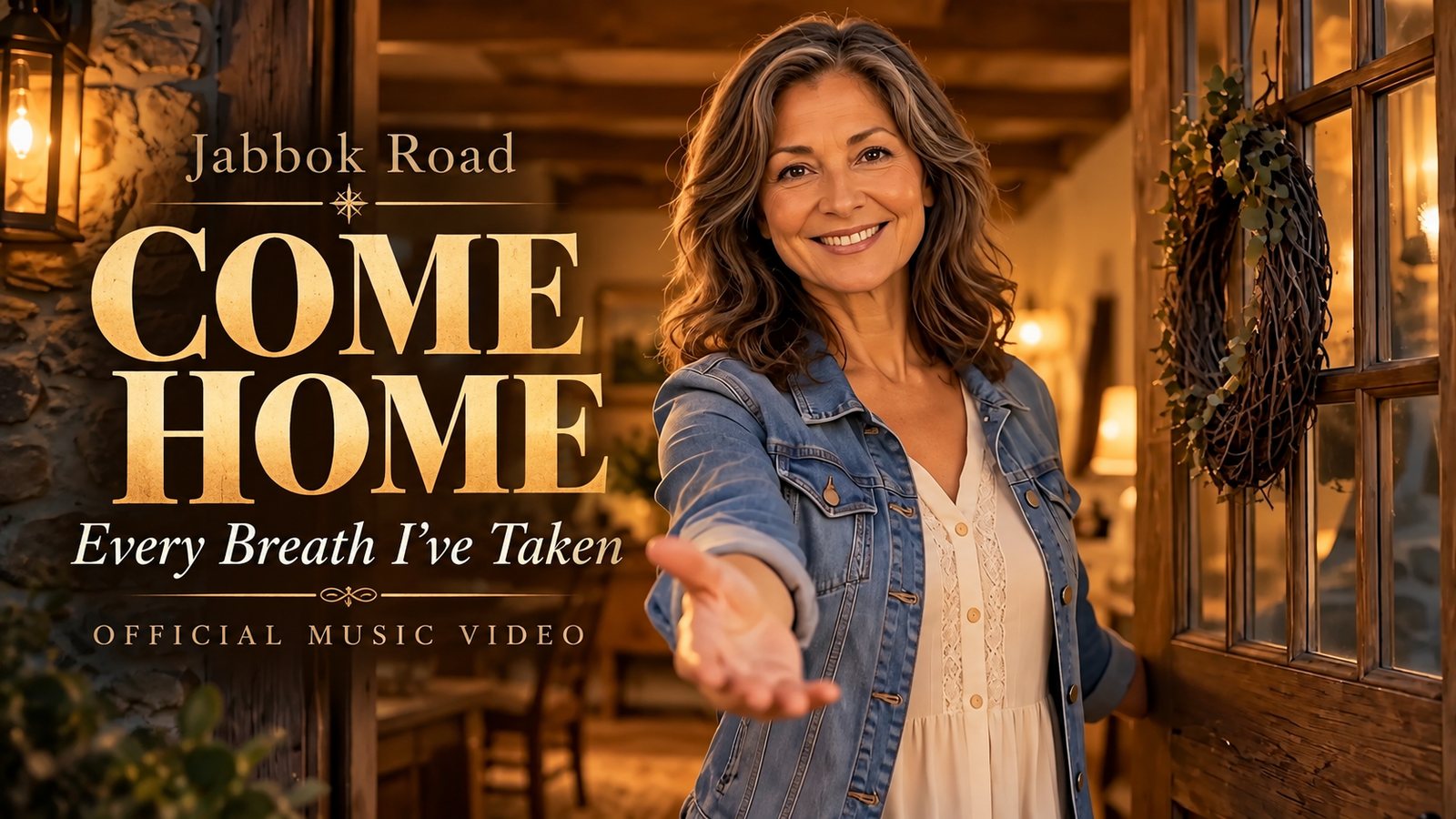 A smiling woman in a denim jacket standing in a warmly lit doorway, holding out her hand.